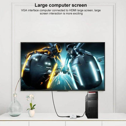 Howei Mini VGA to HDMI Converter for Video Displays connecting a PC to a large HDMI wall-mounted screen for presentations