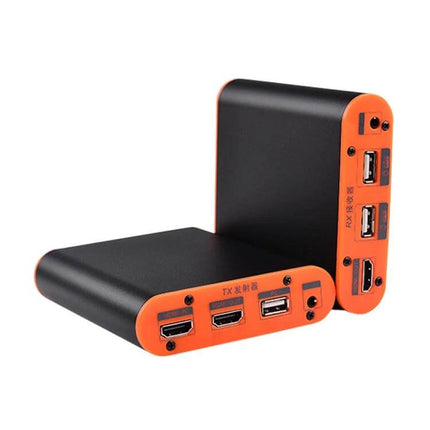 Fiber Optic HDMI Extender with KVM for Video Signal Extension, black-orange transmitter and receiver units showing HDMI and USB ports