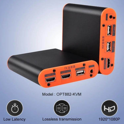 Fiber Optic HDMI Extender with KVM for Video Signal Extension - OPT882-KVM units showing HDMI and USB ports, low latency, lossless 1920x1080P transmission