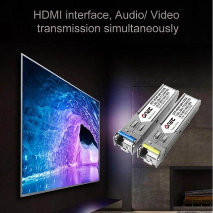 Fiber Optic HDMI Extender with KVM for Video Signal Extension showing HDMI display and two fiber transceiver modules for long-distance AV transmission