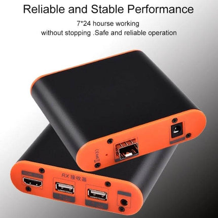 Fiber Optic HDMI Extender with KVM for Video Signal Extension compact black-orange receiver/transmitter units for long-distance HDMI and USB control