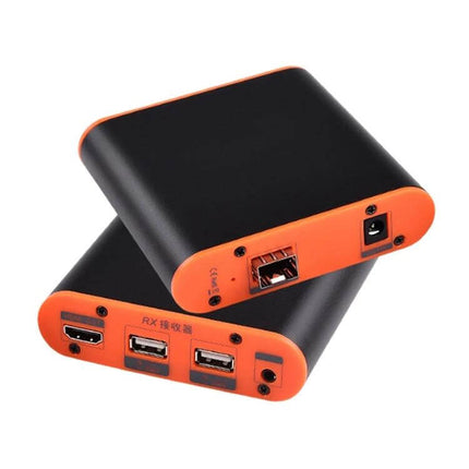 Fiber Optic HDMI Extender with KVM for Video Signal Extension compact black-orange transmitter and receiver showing HDMI, USB and Ethernet ports