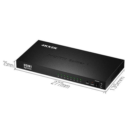 HDMI Splitter for Connecting One Source to Eight Displays black 4Kx2K unit with LEDs and dimensions 277x135x25mm