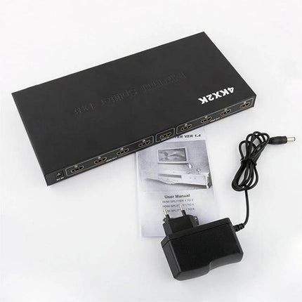 HDMI Splitter for Connecting One Source to Eight Displays black 1x8 HDMI distribution box with power adapter and user manual