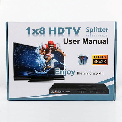 HDMI Splitter for Connecting One Source to Eight Displays - 1x8 HDTV splitter box with TV image and UHD 4Kx2K logo