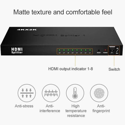 HDMI Splitter for Connecting One Source to Eight Displays black 4K matte unit with eight HDMI output indicators and power switch