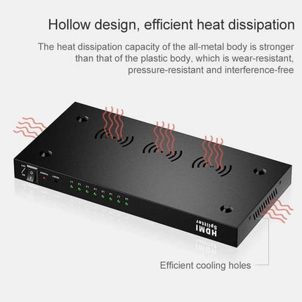 HDMI Splitter for Connecting One Source to Eight Displays with hollow metal design and efficient cooling holes