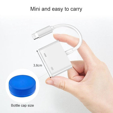 iPhone 8-Pin to HDMI Cable for Home Video Sharing – compact adapter fitting in hand for streaming movies and presentations
