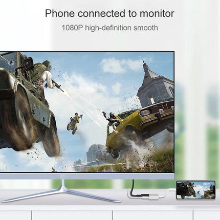 iPhone 8-Pin to HDMI Cable for Home Video Sharing connecting iPhone to TV showing 1080P game video playback for family movie nights and presentations