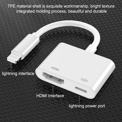 iPhone 8-Pin to HDMI Cable for Home Video Sharing – white 8-pin to HDMI adapter cable with HDMI port and lightning power port