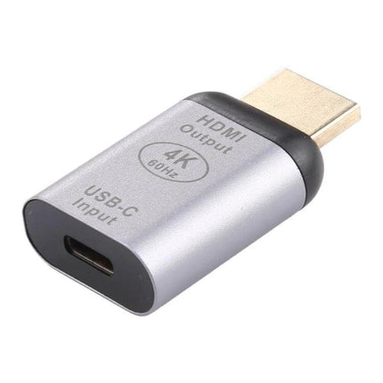 Aluminum Alloy USB-C to HDMI Adapter for Video Connections showing USB-C input and HDMI output in silver aluminum housing
