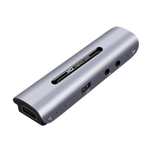 HDMI Video and Audio Capture Card with Mic Input and Loop-Out compact aluminum body showing HDMI in, loop-out and mic jacks