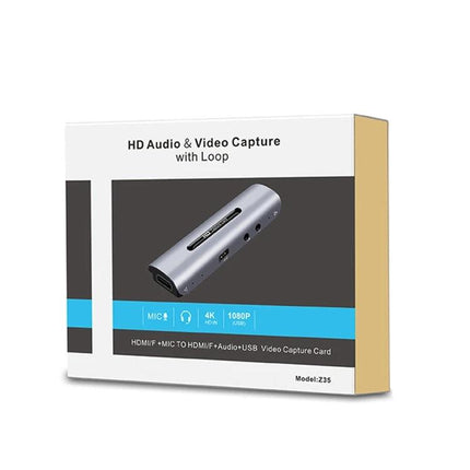 HDMI Video and Audio Capture Card with Mic Input and Loop-Out shown on retail packaging for streaming and gameplay capture