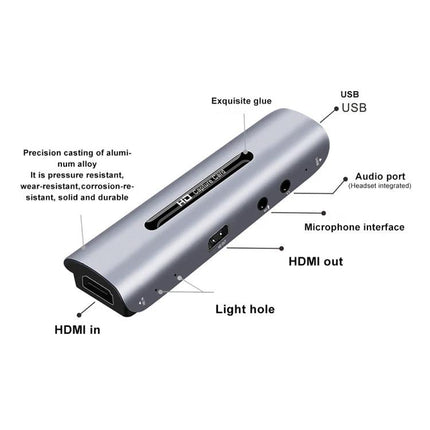 HDMI Video and Audio Capture Card with Mic Input and Loop-Out - compact aluminum capture device with HDMI in/out, USB, mic input and audio port for streaming