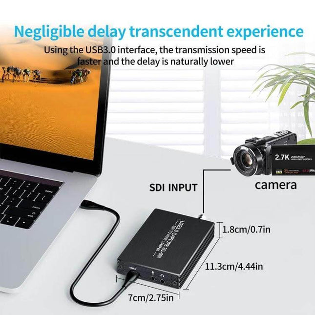 Reliable Video Converter for SDI to HDMI and USB Outputs compact 3G-SDI to HDMI USB capture box near laptop and camera