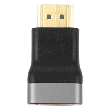 Gold-Plated HDMI Female to Male Adapter for Home Theater Connections showing gold-plated HDMI plug and black-silver housing