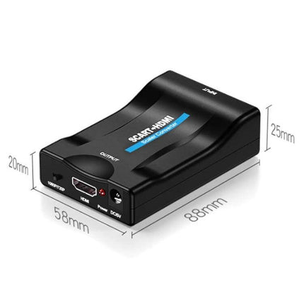 SCART to HDMI Video Converter with 1080P Output for Modern TVs compact black plug-and-play converter shown with HDMI output and dimensions