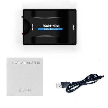 SCART to HDMI Video Converter with 1080P Output for Modern TVs - black scaler converter box with USB cable and manual, plug-and-play for retro devices