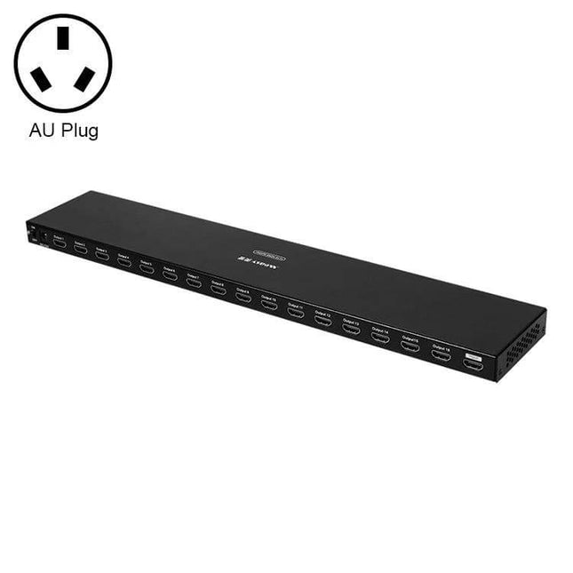 16-Port HDMI Splitter for Connecting Multiple Displays black rackmount unit showing 16 HDMI outputs and AU plug icon