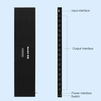 16-Port HDMI Splitter for Connecting Multiple Displays black metal unit showing input, 16 HDMI output ports, power interface and switch