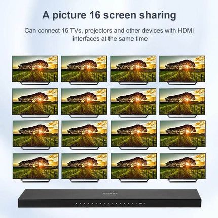 16-Port HDMI Splitter for Connecting Multiple Displays showing one source output to 16 TVs and projectors, supports 4K x 2K