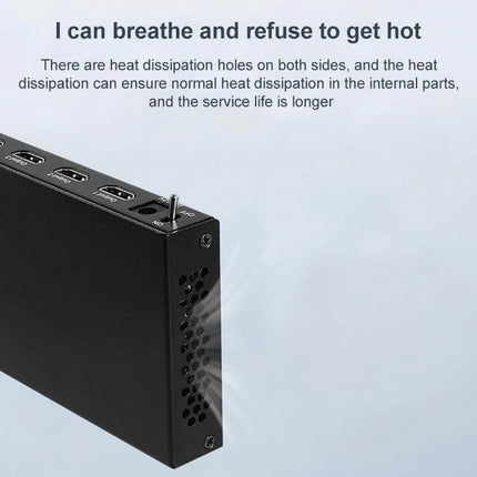 16-Port HDMI Splitter for Connecting Multiple Displays showing vented metal housing and 16 HDMI outputs for 4K signal distribution
