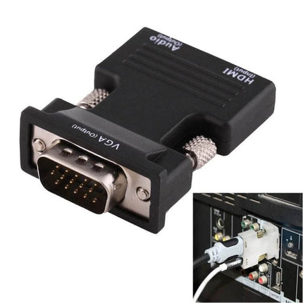 HDMI to VGA Converter with Audio for Projectors and Monitors - compact adapter showing VGA female and HDMI male connections for laptop to projector setup