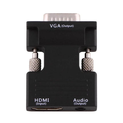HDMI to VGA Converter with Audio for Projectors and Monitors showing HDMI input, VGA output and audio jack