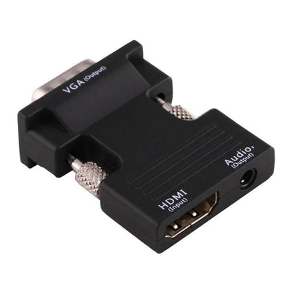 HDMI to VGA Converter with Audio for Projectors and Monitors showing HDMI input, VGA output and 3.5mm audio jack