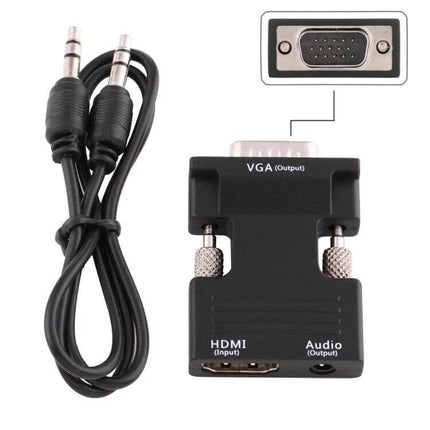 HDMI to VGA Converter with Audio for Projectors and Monitors compact adapter showing HDMI input, VGA output and audio cable for presentations