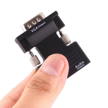 HDMI to VGA Converter with Audio for Projectors and Monitors - compact adapter showing VGA and audio output held between fingers