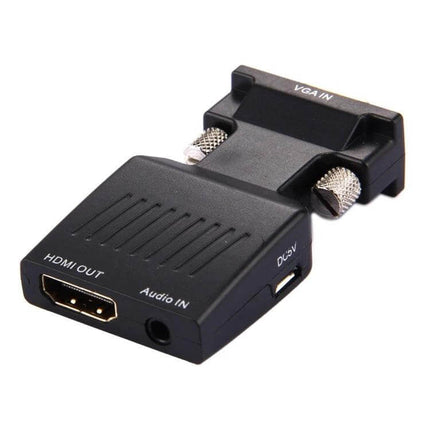 VGA to HDMI Adapter with Audio for HDTV and Projectors - black converter showing VGA IN, HDMI OUT and audio in ports