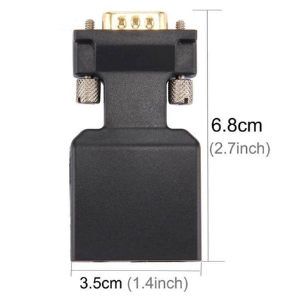 VGA to HDMI Adapter with Audio for HDTV and Projectors showing front VGA connector and dimensions 6.8cm x 3.5cm