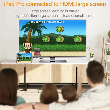 Versatile USB-C Hub for iPad Pro Connectivity Expansion — iPad Pro connected to large HDMI screen for gaming and media playback with added ports