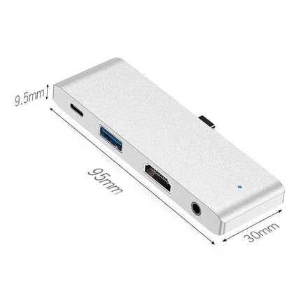 Versatile USB-C Hub for iPad Pro Connectivity Expansion — slim silver hub with USB 3.0, HDMI, 3.5mm audio and USB‑C PD port (95×30×9.5mm)