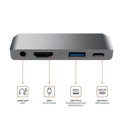 Versatile USB-C Hub for iPad Pro Connectivity Expansion with HDMI, USB-A, USB-C PD and audio jack for external drives and headphones