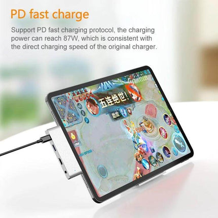 Versatile USB-C Hub for iPad Pro Connectivity Expansion showing hub connected to iPad Pro with PD fast charge and USB 3.0 port