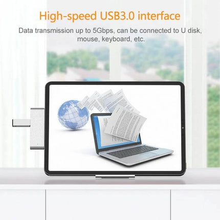 Versatile USB-C Hub for iPad Pro Connectivity Expansion showing hub attached to iPad Pro with USB3.0 port and laptop/files on screen