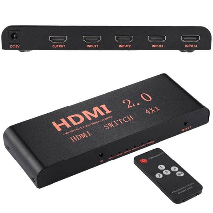 4 Input HDMI Switch with Remote for Home Entertainment - black 4x1 HDMI 2.0 switch box with remote, DC 5V input and four HDMI inputs