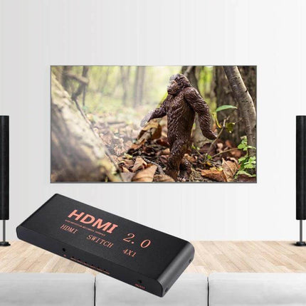 4 Input HDMI Switch with Remote for Home Entertainment - black 4x1 HDMI 2.0 switch in living room setup with wall-mounted TV and speakers