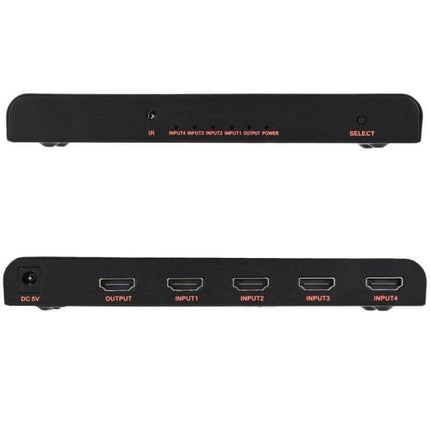 4 Input HDMI Switch with Remote for Home Entertainment - compact black 4-input HDMI/DVI switch box with remote, labeled inputs and HDMI output