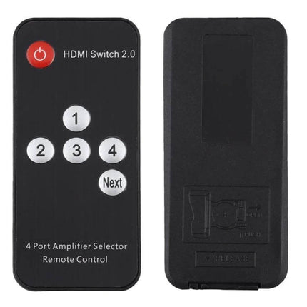 4 Input HDMI Switch with Remote for Home Entertainment - black remote control showing buttons 1-4 and power
