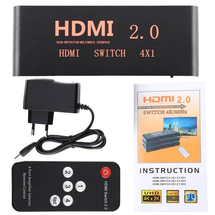 4 Input HDMI Switch with Remote for Home Entertainment - black HDMI 2.0 4x1 box with power adapter, remote control and instruction manual