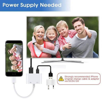 E-Gin Adapter for Daily Home Screen Mirroring to TVs showing family photo mirrored from phone to HDTV with simple HDMI and power connections