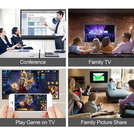 E-Gin Adapter for Daily Home Screen Mirroring to TVs showing conference presentation, family movie night, gaming and photo sharing