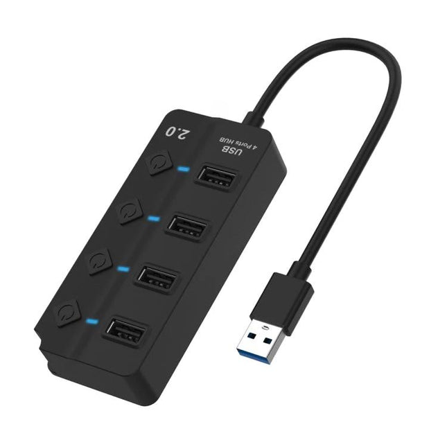 Onten USB Splitter for Charging and Data Transfer with Independent Switches black 4-port USB hub with individual on/off buttons and LED indicators