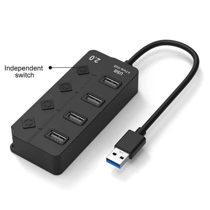 Onten USB Splitter for Charging and Data Transfer with Independent Switches compact 4-port USB 2.0 hub with individual switches and cable