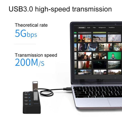 Onten USB Splitter for Charging and Data Transfer with Independent Switches black USB hub connected to laptop showing USB3.0 high-speed transmission