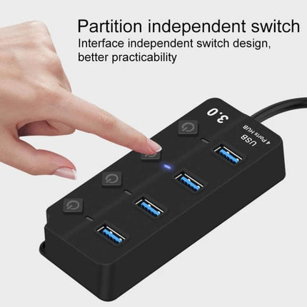 Onten USB Splitter for Charging and Data Transfer with Independent Switches showing four-port hub and finger pressing independent switch