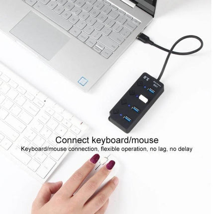 Onten USB Splitter for Charging and Data Transfer with Independent Switches connected to laptop showing keyboard and mouse control, four-port USB hub